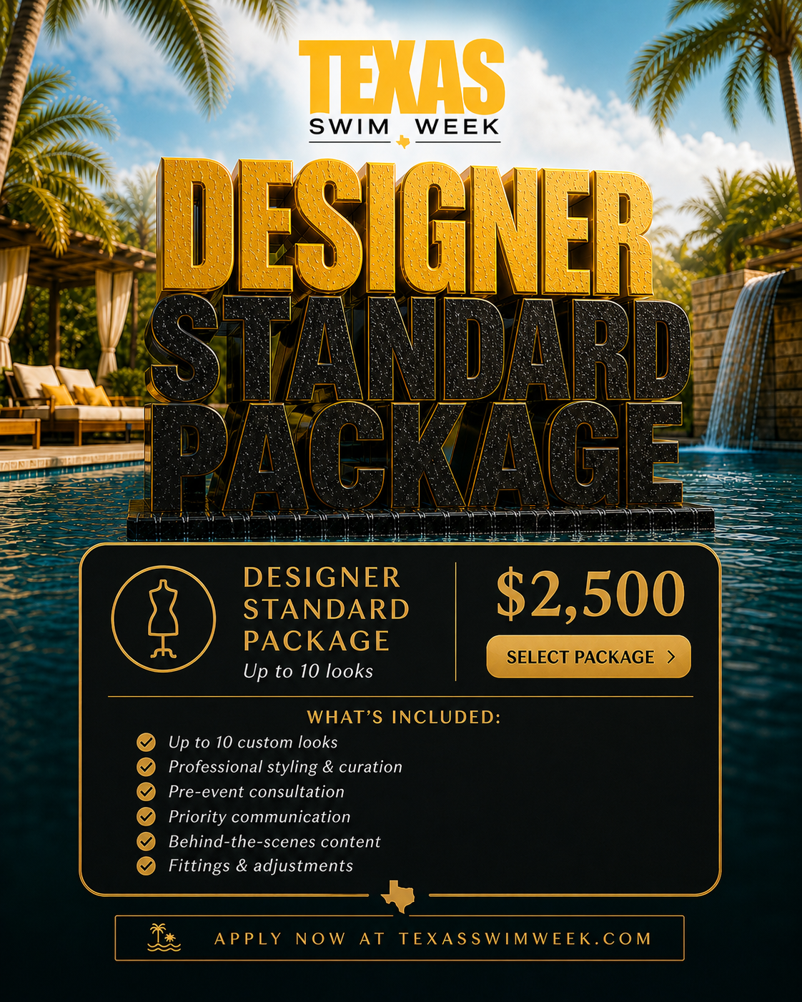Platinum - Official Texas Swim Week Designer registration for Saturday 9/19/26 includes up to 12 looks, premium placement, and influencer exposure. Confirmation email or order number serves as your registration credential for entry.