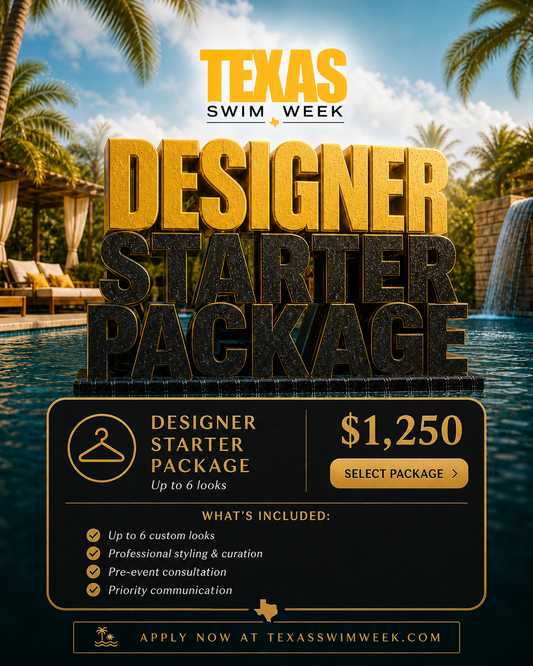 Official Texas Swim Week Designer Entry Level registration for Saturday 9/19/26 includes up to 6 looks, brand exposure, and influencer showcase opportunities. Confirmation email or order number serves as your registration credential for entry.